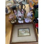 A FRAMED PICTURE OF A HUNTING SCENE TOGETHER WITH VARIOUS CERAMICS TO INCLUDE MINIATURE TEAPOTS, A