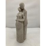 A STONEWARE FIGURINE OF A MAN HOLDING A PREGNANT LADY HEIGHT 38CM