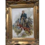 A GILT FRAMED LAQUERED PRINT OF A GENTLEMEN OUT SHOOTING