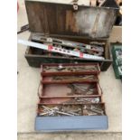 TWO TOOL BOXES ONE WOODEN AND ONE METAL FOLDOUT WITH TOOLS TO INCLUDE VINTAGE SPANNERS