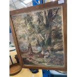 A FRAMED WATERCOLOUR OF A FOREST WITH PEOPLE CAMPING