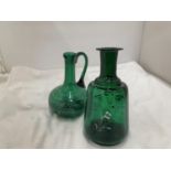A MARY GREGORY STYLE EMBOSSED GREEN VASE HEIGHT 17CM AND JUG HEIGHT 15CM BOTH WITH PONTIL MARKS