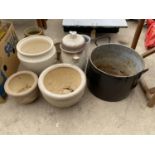 VARIOUS PLANTERS TO INCLUDE A CAST TWIN HANDLED POT, A RUMKOPT, ETC