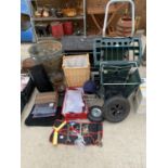 A LARGE QUANTITY OF ITEMS TO INCLUDE A BRAZIER, TROLLEY, CAR MATS, COAL SCUTTLE, DOLL ETC