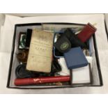 A BOX OF VARIOUS ITEMS TO INCLUDE COSTUME JEWELLERY, COINS, HIP FLASK, PEN KNIFE ETC