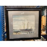 A FRAMED WATERCOLOUR OF BEACH SCENERY AND BOATS SIGNED MN HENSON 1985