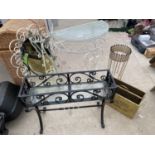 VARIOUS WROUGHT IRON ITEMS TO INLCUDE A DEMI LUNE TABLE, MIRROR, PLANTER, A BRASS MAGAZINE RACK ETC