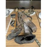 VARIOUS VINTAGE ITEMS TO INCLUDE A PAIR OF CHILDS BOOTS, HARNES, RIDING CROP WITH JOCKEY HEAD, HORSE