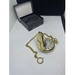 A GOLD PLATED POCKET WATCH IN A PRESENTATION BOX SEEN WORKING BUT NO WARRANTY