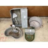 FOUR GALVANISED ITEMS TO INCLUDE THREE DRONKING BOWLS AND A PAN