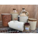 VARIOUS ITEMS TO INCLUDE TWO MNACHESTER STONEWARE FLAGONS, STONEWARE WATER BOTTLE, CHAMBER POT ETC