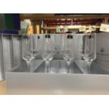 EIGHT BOXED ROYAL DOULTON GLASSES TO INCLUDE FOUR LARGE WINE GLASSES AND FOUR FLUTES