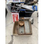VARIOUS TOOLS TO INCLUDE SAWS, SHOE LAST, RULER, WOODEN CARRY BOX ETC