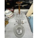 A QUANTITY OF GLASSWARE TO INCLUDE BOWLS, WINE AND SHERRY GLASSES, MAHOGANY PLANT STAND, ETC