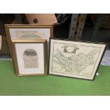 A FRAMED ETCHING OF 'BONNY COLNE' CHURCH, FRAMED MAP OF CHESTER AND FRAMED REWARD OF MERIT PRESENTED