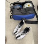 A BAG CONTAINING TWO TEN PIN BOWLING BALLS AND A PAIR OF BOWLING SHOES