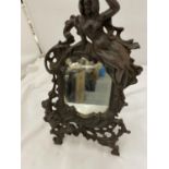 A CAST MIRROR DECORATED IN A CLASSICAL STYLE WITH A LADY, CHERUB, ETC HEIGHT 35CM, WIDTH 20CM