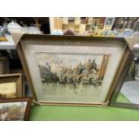 A VERY LARGE FRAMED WATER COLOUR PARISIAN STYLE SCENES POSSIBLY IN NAPOLEONIC TIMES SIGNED B.