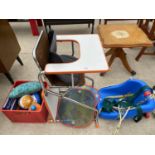 VARIOUS BABY ITEMS TO INCLUDE A SWING, SILVER CROSS HIGH CHAIRS, TOYS ETC