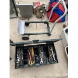 A TOOL BOX WITH TROLLEY AND VARIOUS TOOLS TO INCLUDE SPANNERS, PLIERS, SCREWDRIVERS, SOCKETS ETC