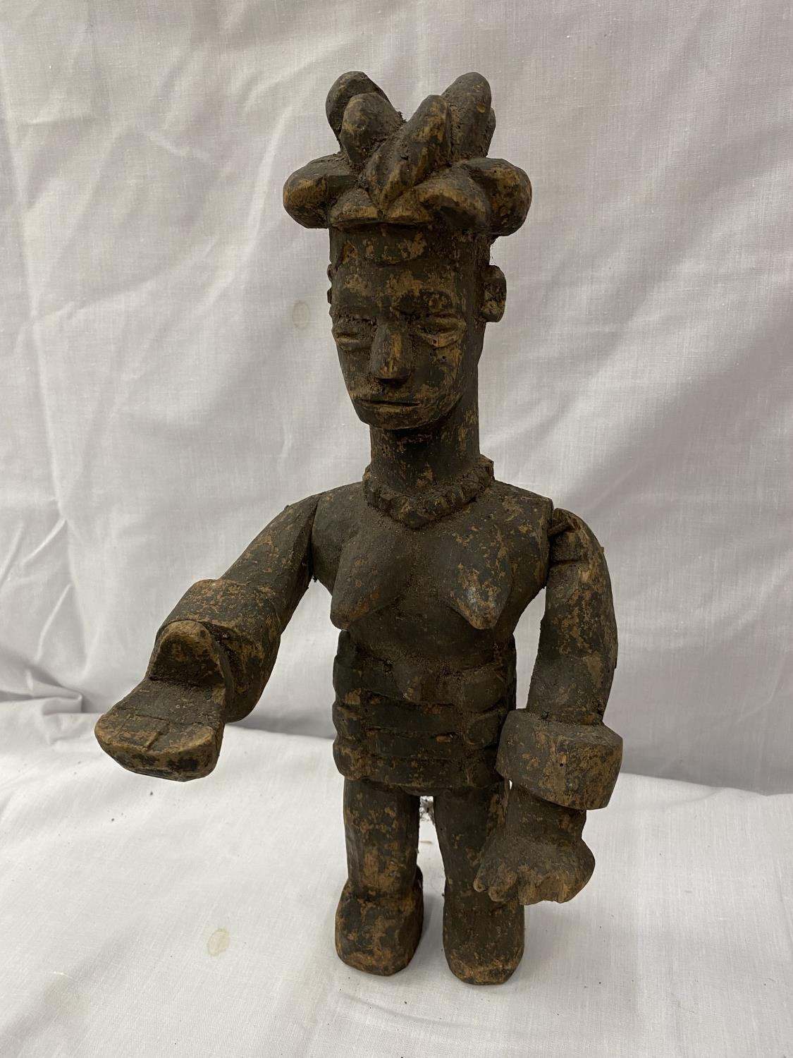 TWO HAND CARVED AFRICAN TRIBAL FIGURES, ONE BEING A FEMALE FERTILITY FIGURE. THE NAILS ARE TO - Image 6 of 16