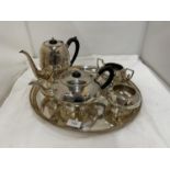 A SILVER PLATE ON COPPER TEASET TO INCLUDE TRAY, TEA AND COFFEE POT, CREAM JUG AND SUGAR BOWL