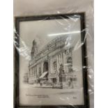 A FRAMED PRINT OF THE ROYAL EXCHANGE THEATRE, MANCHESTER 16.5CM X 22CM