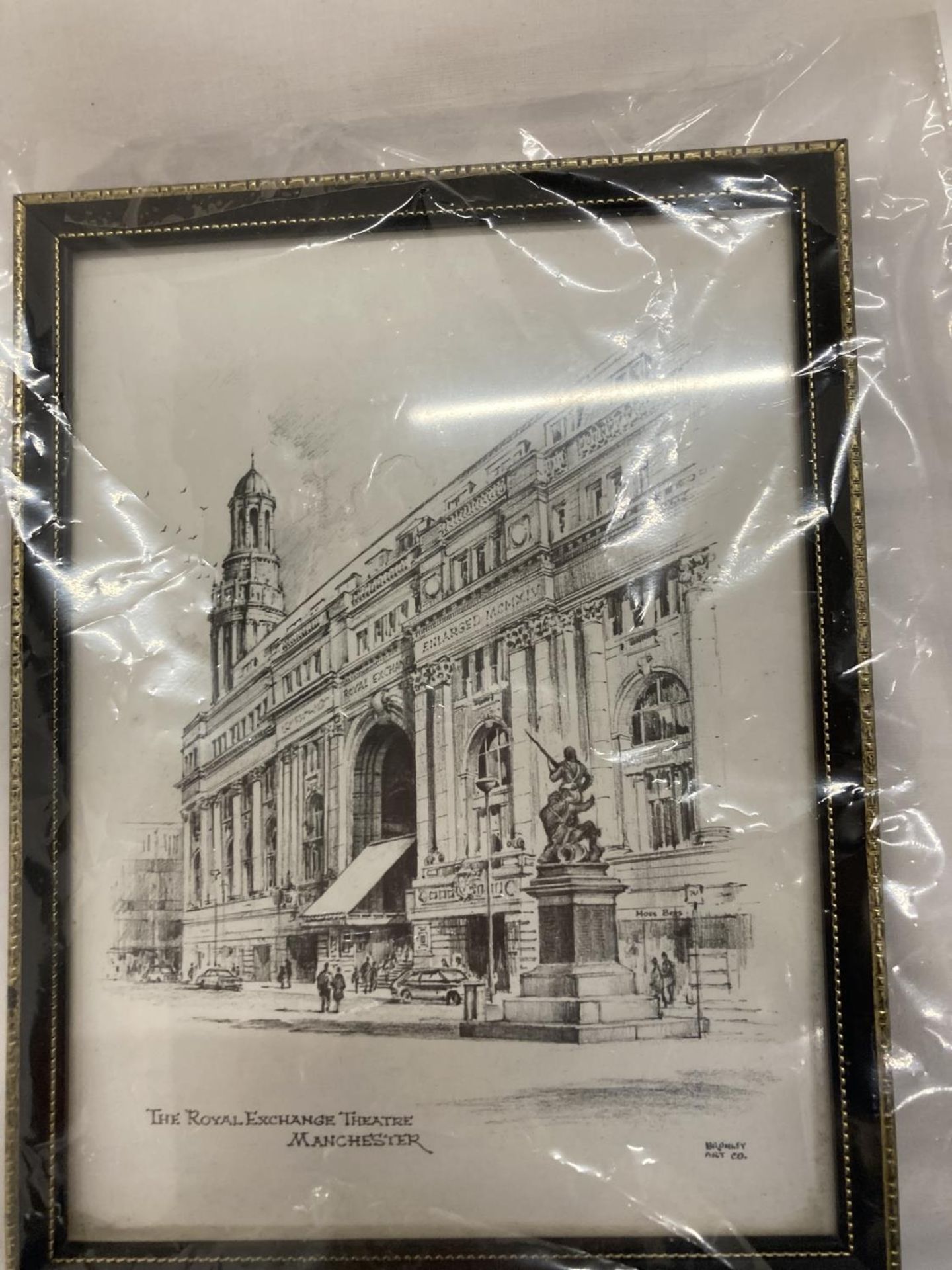 A FRAMED PRINT OF THE ROYAL EXCHANGE THEATRE, MANCHESTER 16.5CM X 22CM