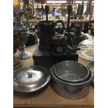 A COMPANY LETTER HEADING EMBOSSER, PEWTER JUG , PAIR OF CANDLESTICKS, ASHTRAY, VINTAGE METAL TIN