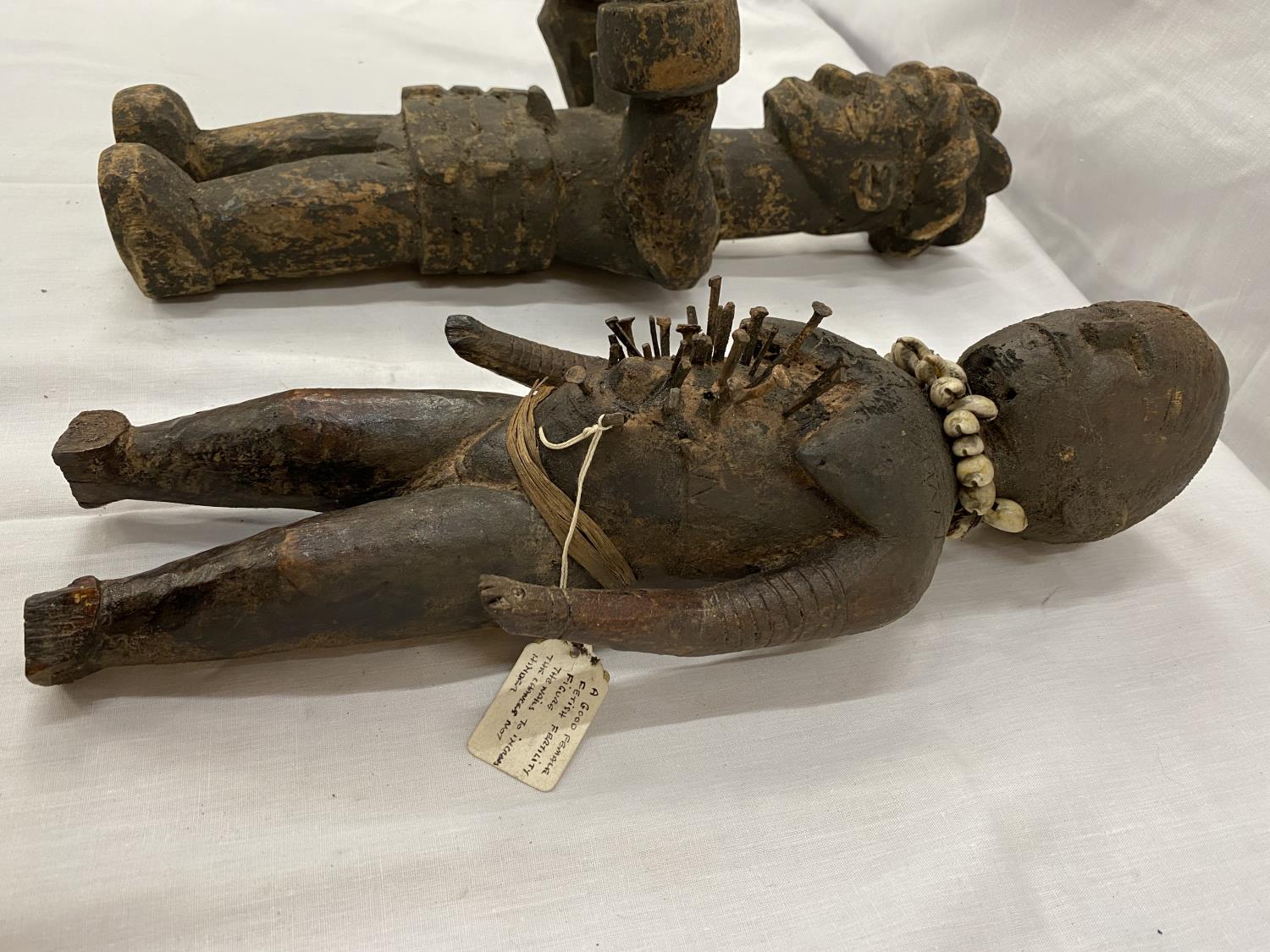 TWO HAND CARVED AFRICAN TRIBAL FIGURES, ONE BEING A FEMALE FERTILITY FIGURE. THE NAILS ARE TO - Image 3 of 16