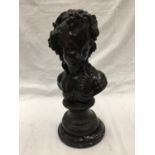 A METAL BUST OF A GIRL ON A MARBLE PLINTH APPROX 47CM
