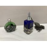 TWO ART DECO STYLE FRENCH GLASS SCENT BOTTLES, ONE BLUE AND ONE GREEN)