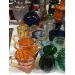 VARIOUS ITEMS OF COLOURED GLASS TO INCLUDE JUGS, VASES ETC