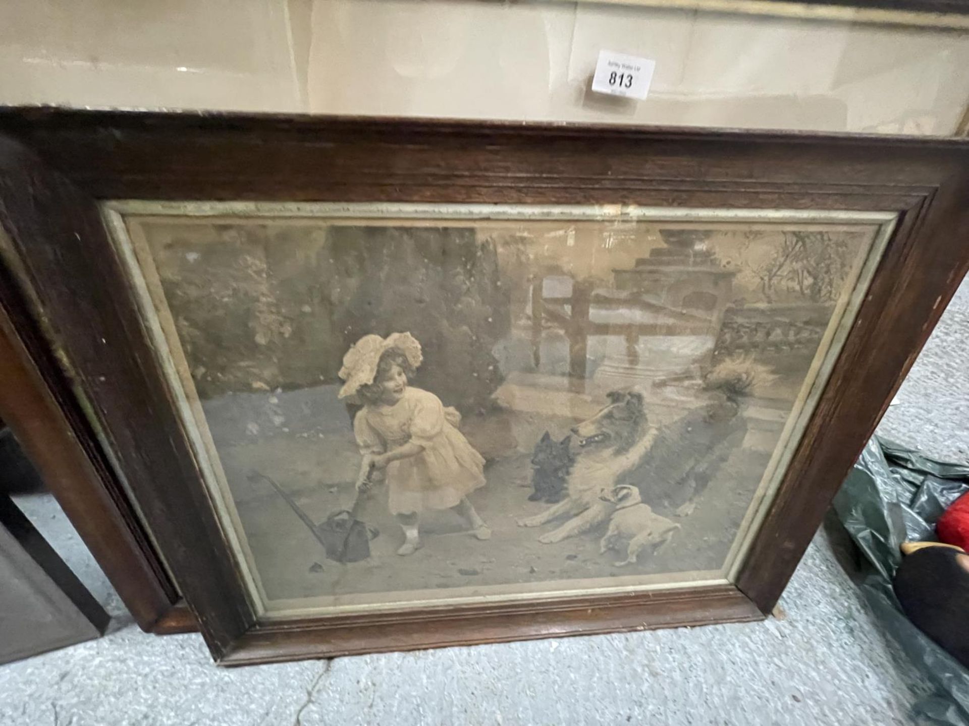 THREE WOODEN FRAMED VICTORIAN STYLE SEPIA PRINTS DEPICTING CHILDREN AND ANIMALS - Image 2 of 4