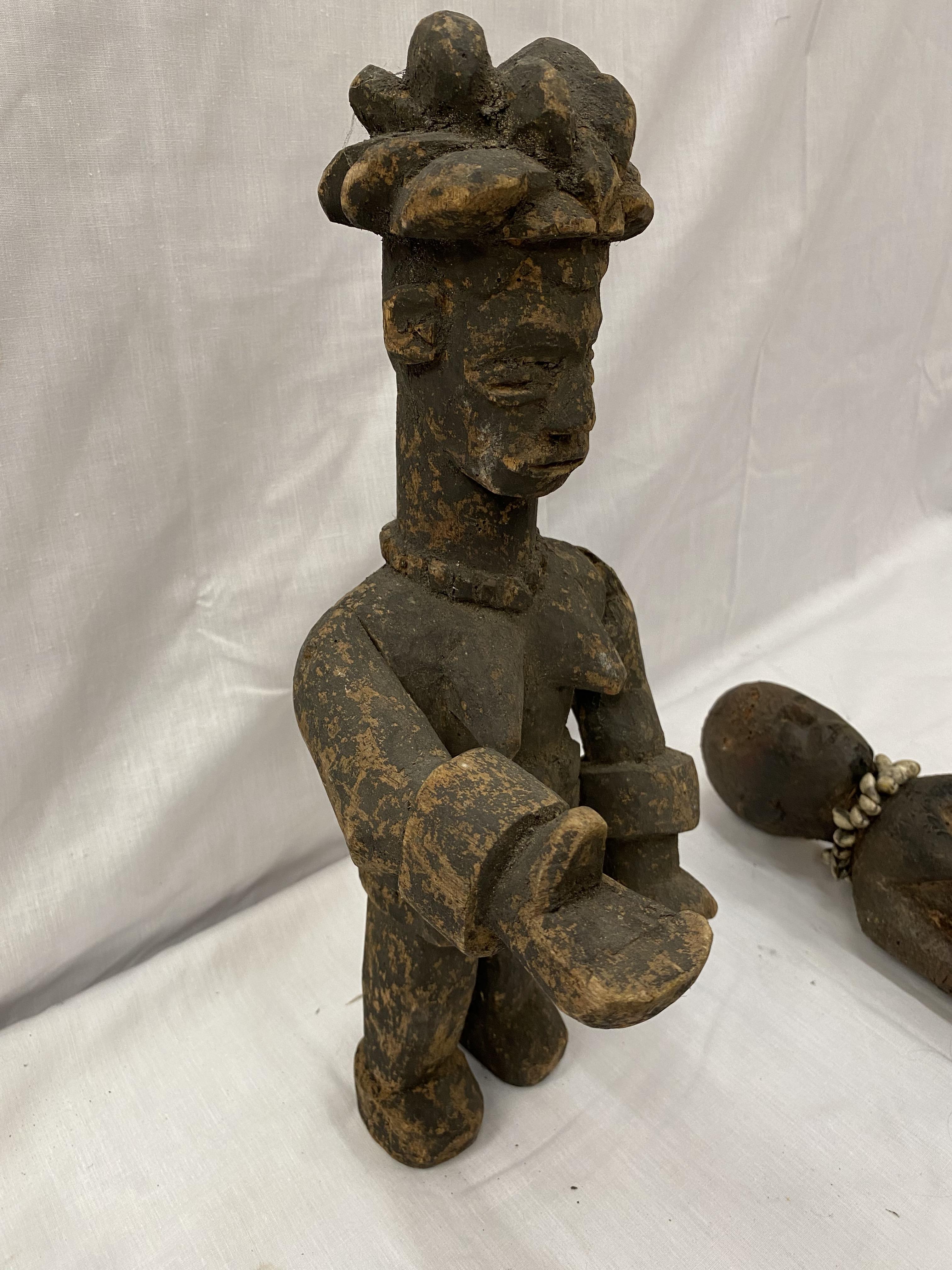 TWO HAND CARVED AFRICAN TRIBAL FIGURES, ONE BEING A FEMALE FERTILITY FIGURE. THE NAILS ARE TO - Image 7 of 16