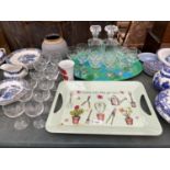TWO TRAYS WITH GLASSES AND DECANTERS