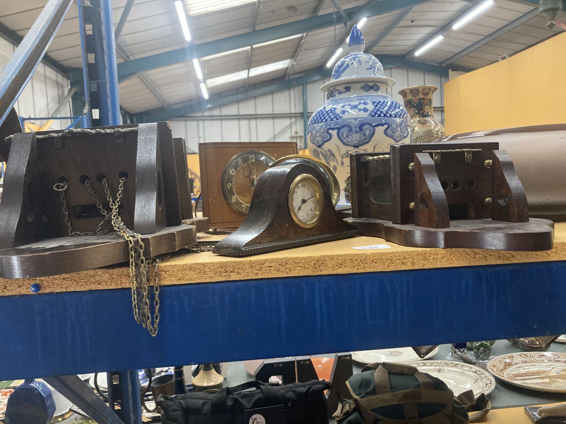 TWO MAHOGANY CASED WALL CLOCKS, A WESTCLOX 'BIG BEN' ALARM CLOCK, A SMITHS VINTAGE ELECTRIC MANTLE