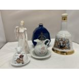 A QUANTITY OF CERAMICS TO INCLUDE A BELL'S DECANTER, LADY FIGURE, COW LIDDED DISH, ETC