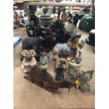 AN ASSORTMENT OF CERAMIC ANIMALS AND FIGURES TO INCLUDE BEATRIX POTTER, PIGGINS, WEST GERMAN FIGURE,
