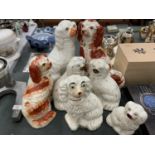 SEVEN STAFFORDSHIRE MANTLEPIECE SPANIELS TO INCLUDE TWO RED AND WHITE ONES - HEIGHT 32CM, 22CM AND