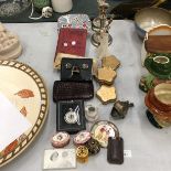 A COLLECTION OF ITEMS TO INCLUDE PILL BOXES, POCKET WATCH, 3D VIEWER, CIGAR CASE, CANDLESTICKS,
