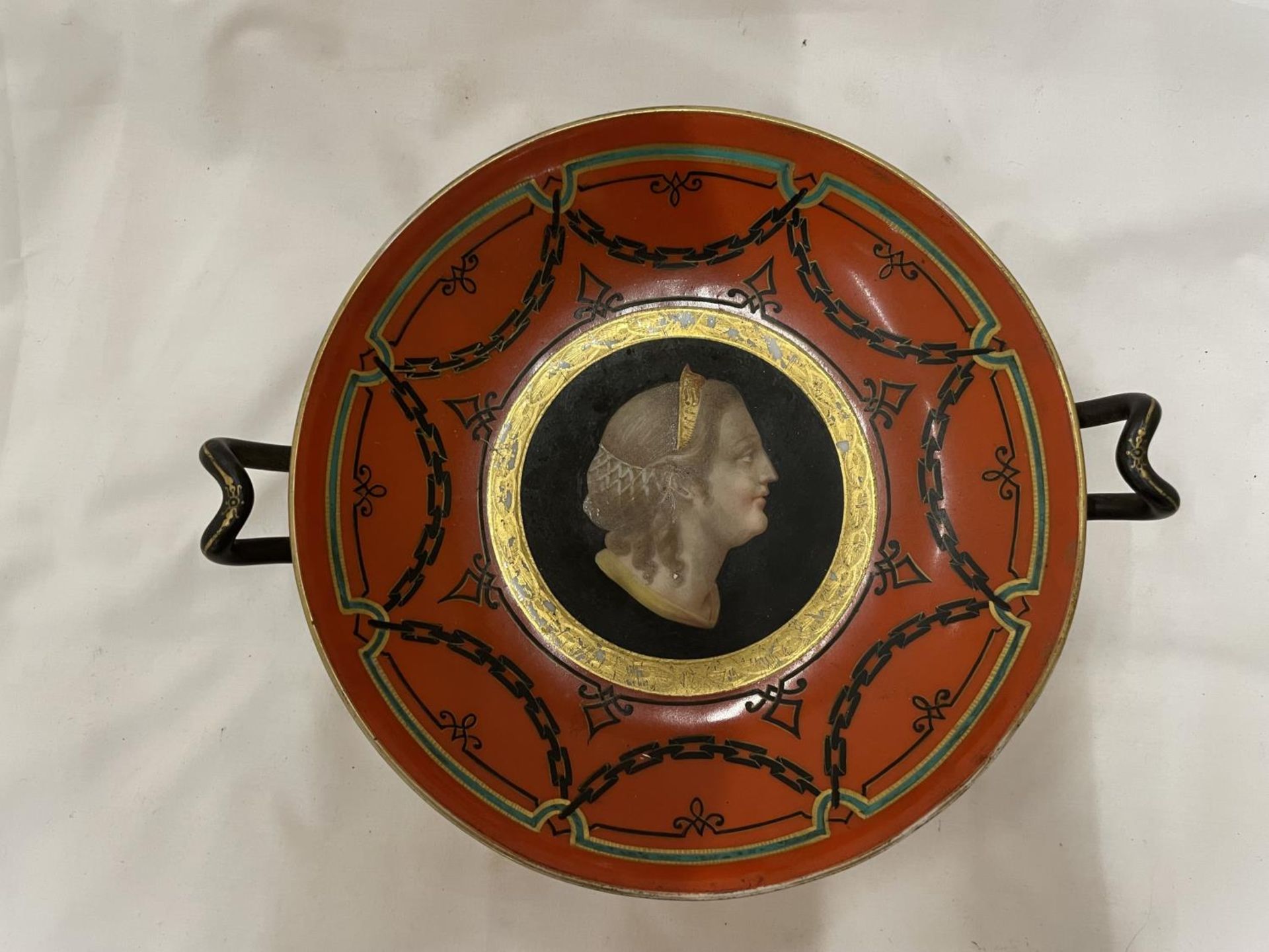 A VICTORIAN HANDLED 'TAZZA' DECORATED IN RED WITH A LADY'S PORTRAIT IN THE MIDDLE HEIGHT 9CM, - Image 2 of 6