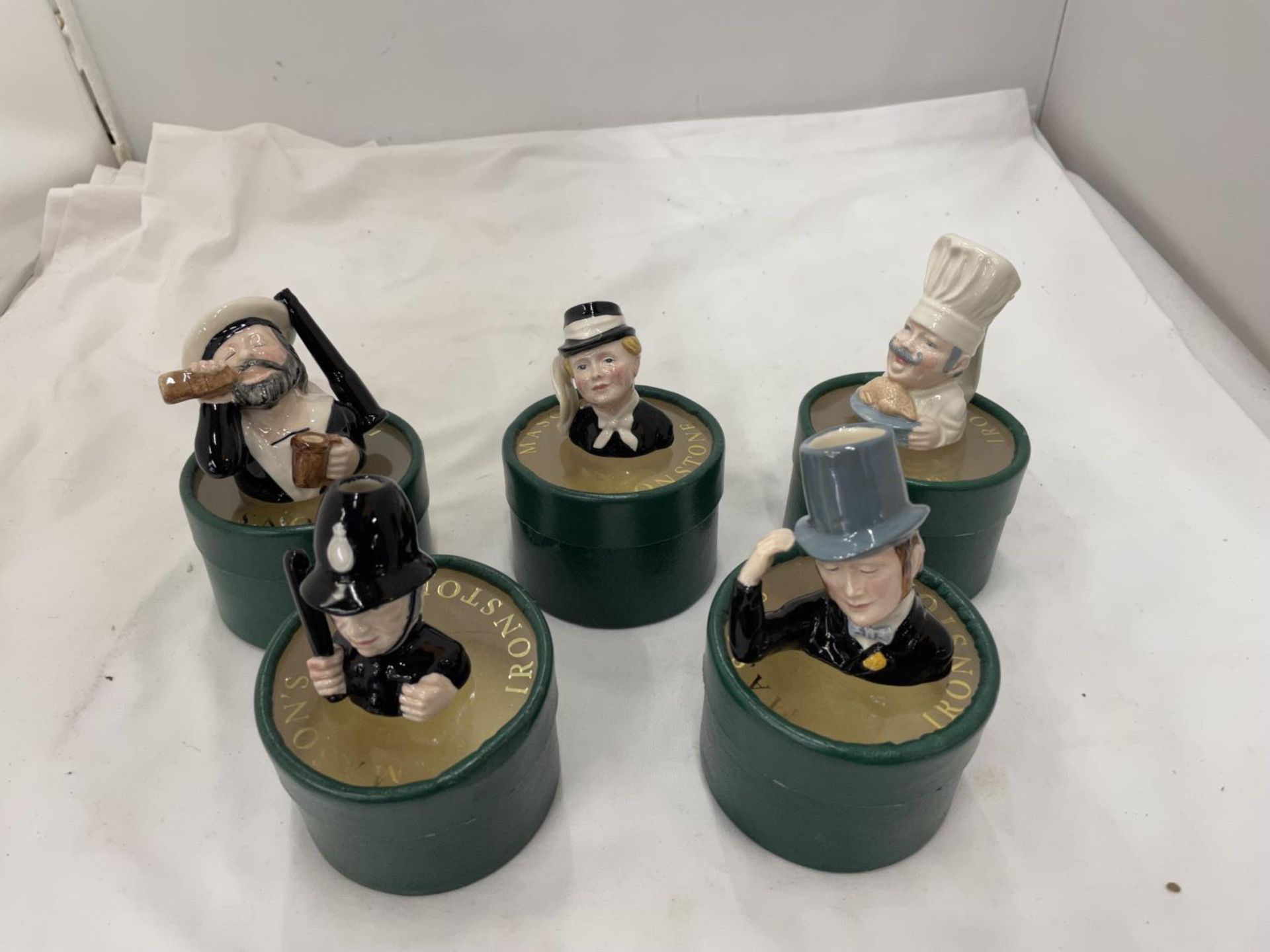 FIVE MASONS MINIATURE JUGS IN BOXES TO INCLUDE POLICEMAN, CHEF, ETC