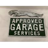 A CAST AND CHROME JAGUAR APPROVED GARAGE SERVICES SIGN 23CM X 18CM