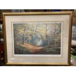 A FRAMED LIMITED EDITION 85/500 SIGNED PRINT OF A WOODLAND SCENE. SIGNED JAMES D PRESTON 68.5CM X