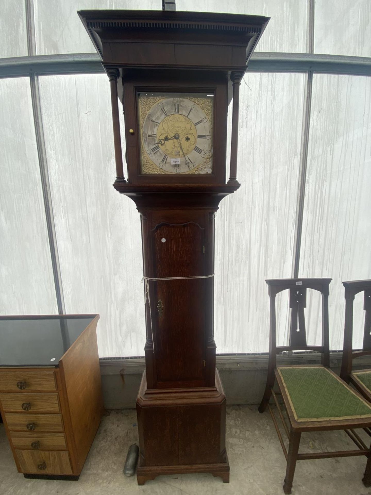 AN 18TH CENTURY OAK AND CROSSBANDED 30 HOUR LONGCASE CLOCK WITH SQUARE BRASS FACE, FISHER, PRESTON