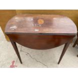 AN EDWARDIAN MAHOGANY AND INLAID OVAL DROP-LEAF TABLE, 36X33" WITH SINGLE END DRAWER