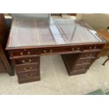 A MAHOGANY TWIN PEDESTAL EIGHT DRAWER DESK WITH INSET LEATHER TOP AND TWO SLIDES, 48X27", COMPLETE