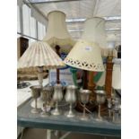 SIX VARIOUS TABLE LAMPS, SIX WHITE METAL GOBLETS ETC