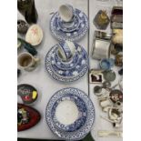 A JOHNSON BROS. BLUE AND WHITE PART DINNER SERVICE TO INCLUDE PLATES, BOWLS, CUPS, SAUCERS, ETC